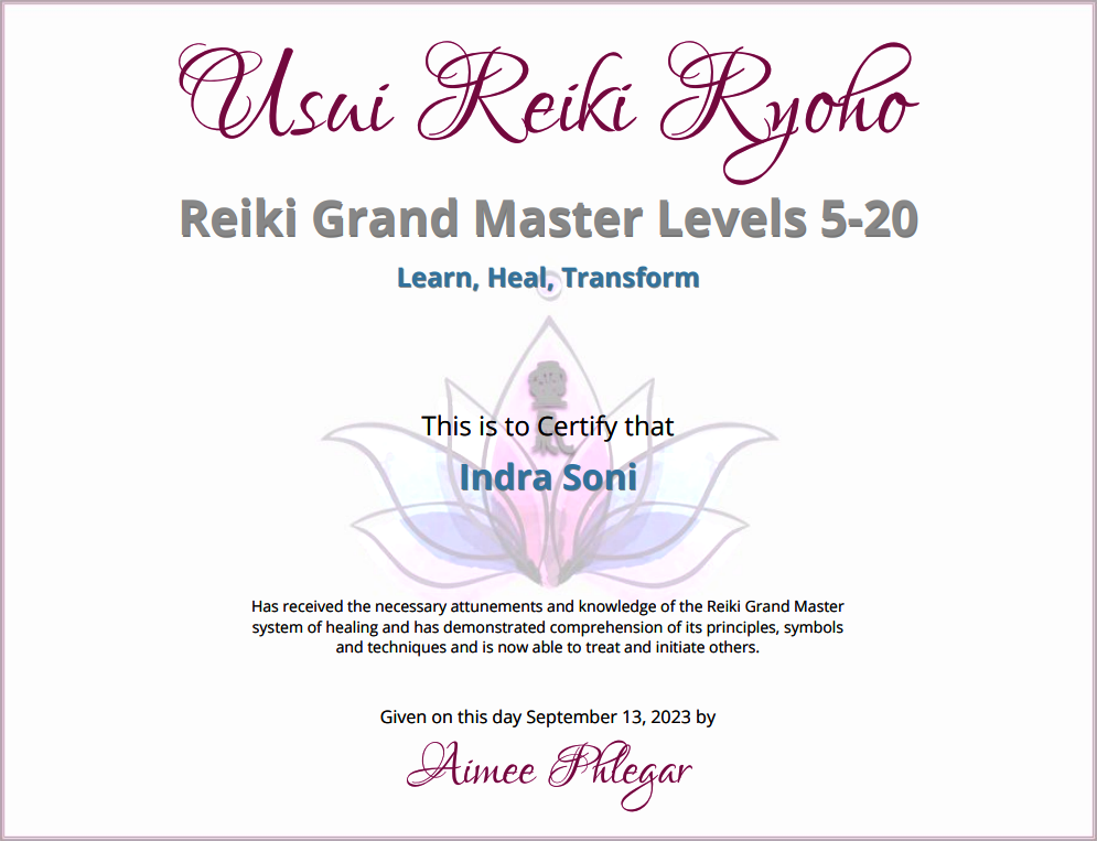 Indra Soni - Reiki Grand Master Certy - Aurax Reiki