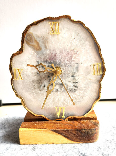 Agate Clock Wood Stand White – Home Decor – Aurax Reiki