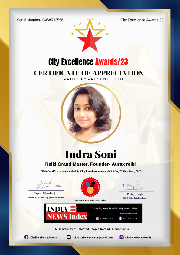 City Excellence Award - Indra Soni - Reiki Grand Master - AuraxReiki