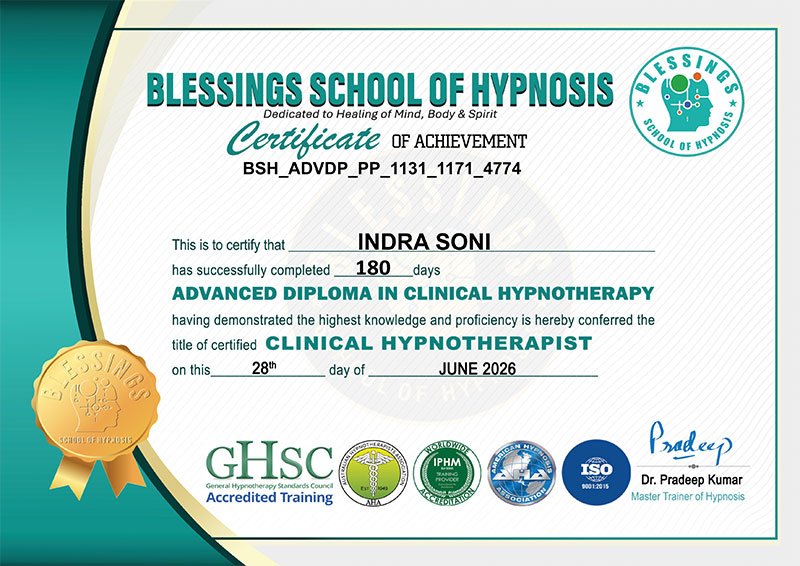 Acharya Indra Soni Advanced Diploma In Clinical Hypnotherapy